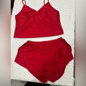 Women's Sexy Red V Neck Silk Satin Sleepwear Cozy Adjustable Straps Pajama Sets